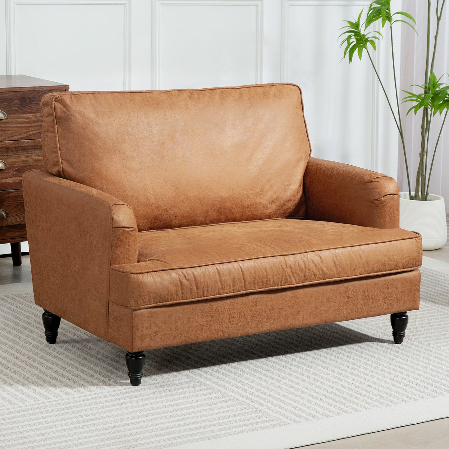 Modern Accent Chair, Leathaire Armchair with Turned Legs and Wide Seat, Comfy Chair for Living Room, Brown