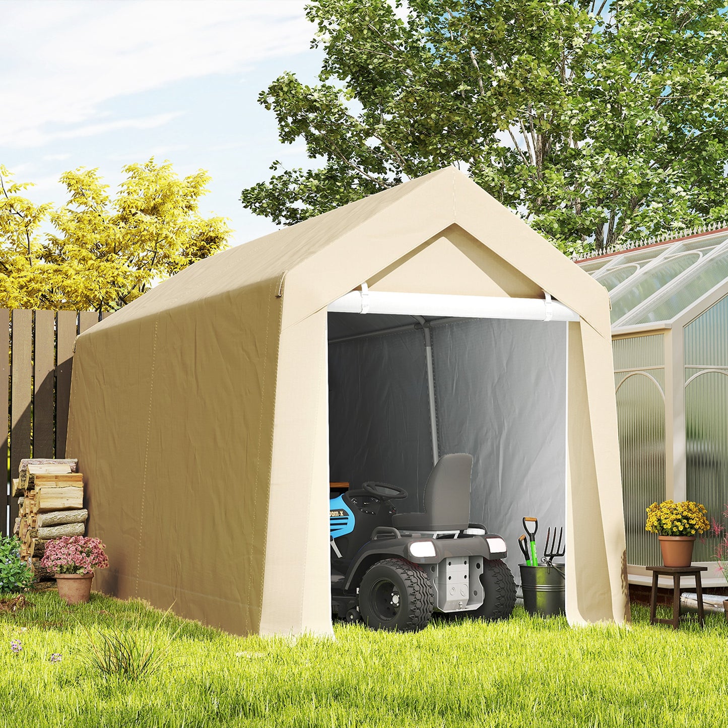 Outdoor Storage Shed Portable Garage with Roll-up Door for Motorcycle, Bike, Garden Tools, Beige