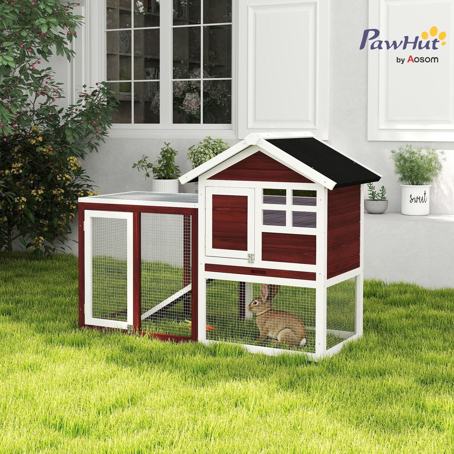 48" Weatherproof Wooden Rabbit Hutch Bunny Cage Small Animal House with Slant Roof And Screened Outdoor Run, Brown