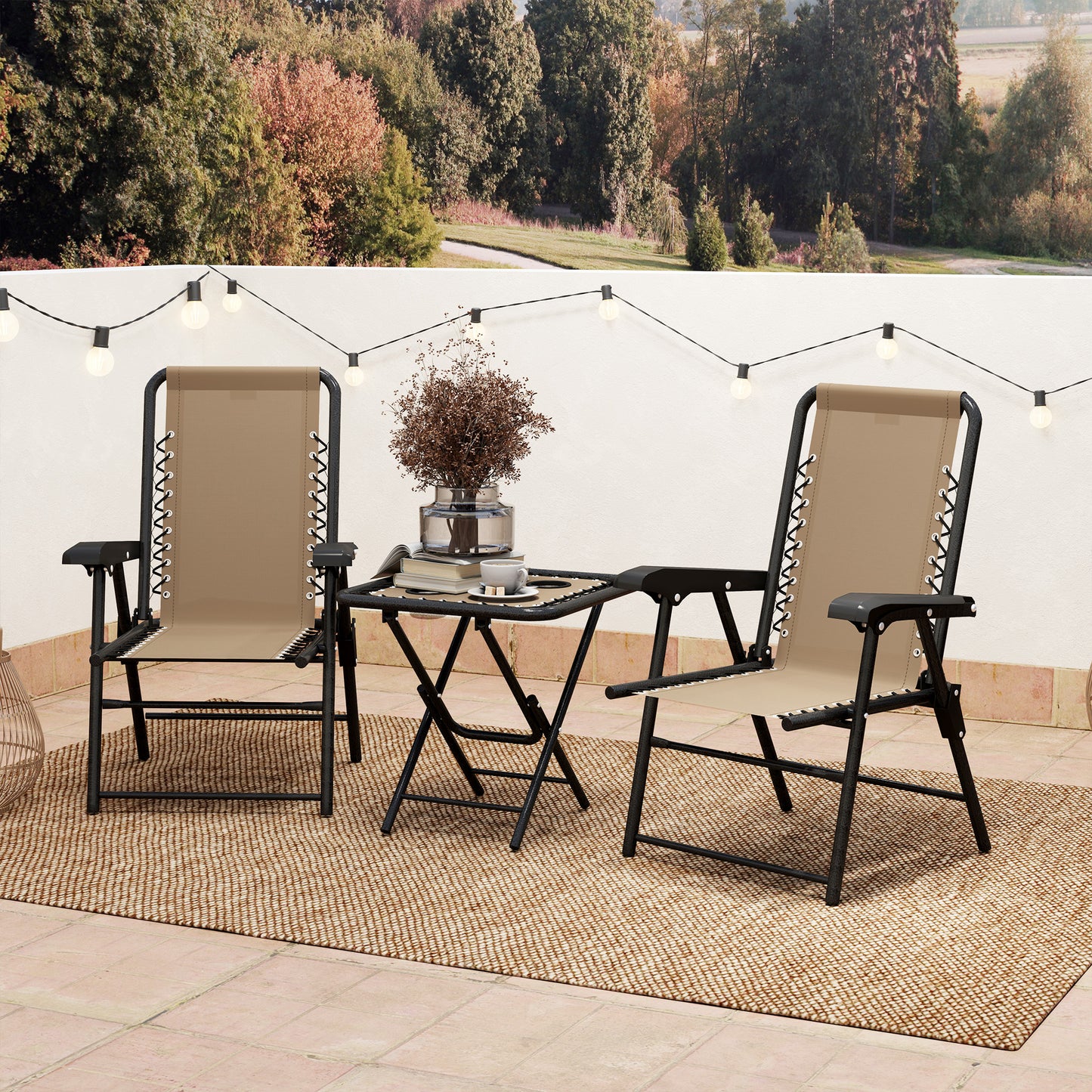 3 Pieces Patio Bistro Set, Outdoor Folding Table and Chairs Set, Metal Patio Furniture Set with Cup Holders