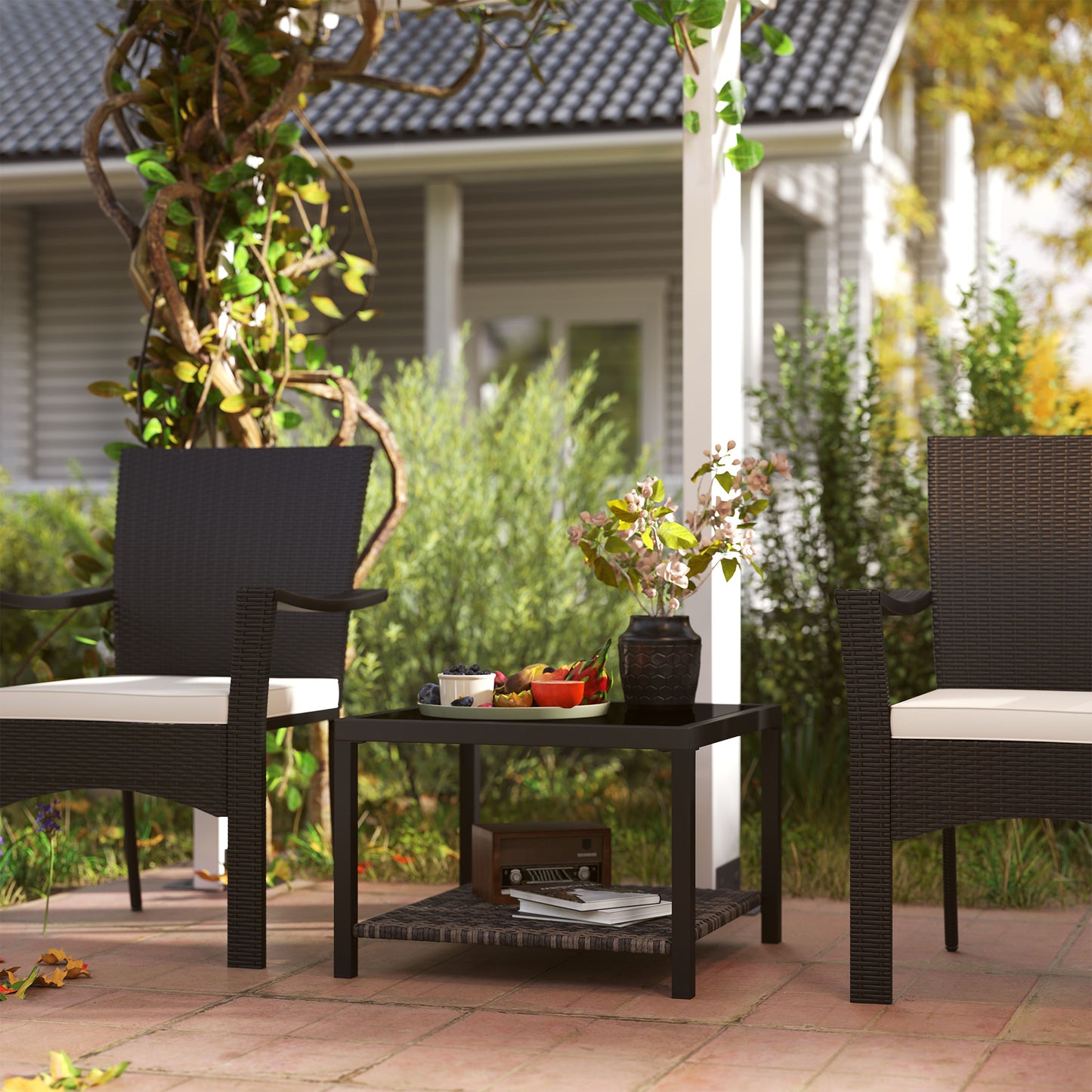 23.6" Rattan End Table, Outdoor Coffee Table with Tempered Glass Top, Storage Shelf for Patio, Garden, Balcony, Black
