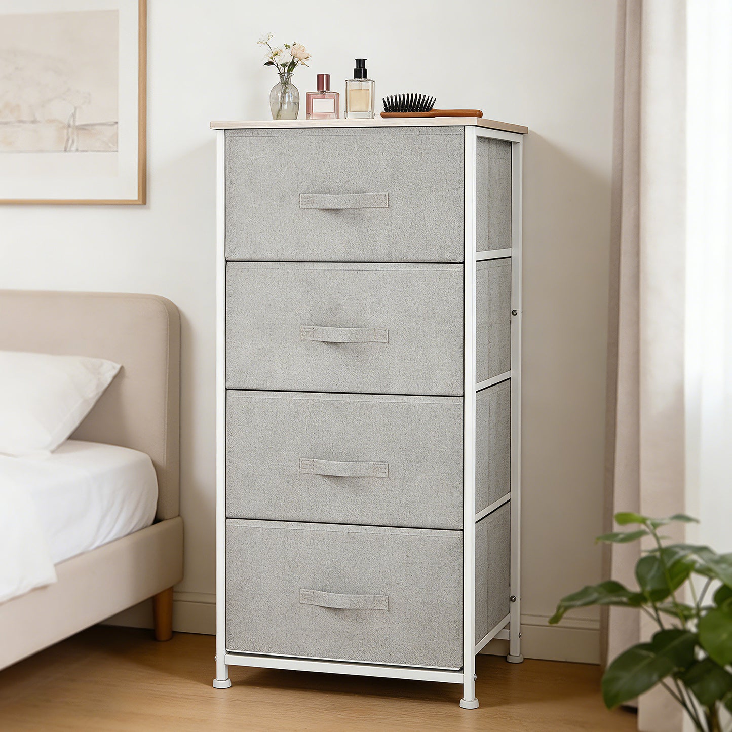 Linen Drawer Cabinet Organizer Storage Dresser Tower with 4 Removable Drawer Metal Frame Adjustable Feet for Living Room, Kitchen, Bathroom, White