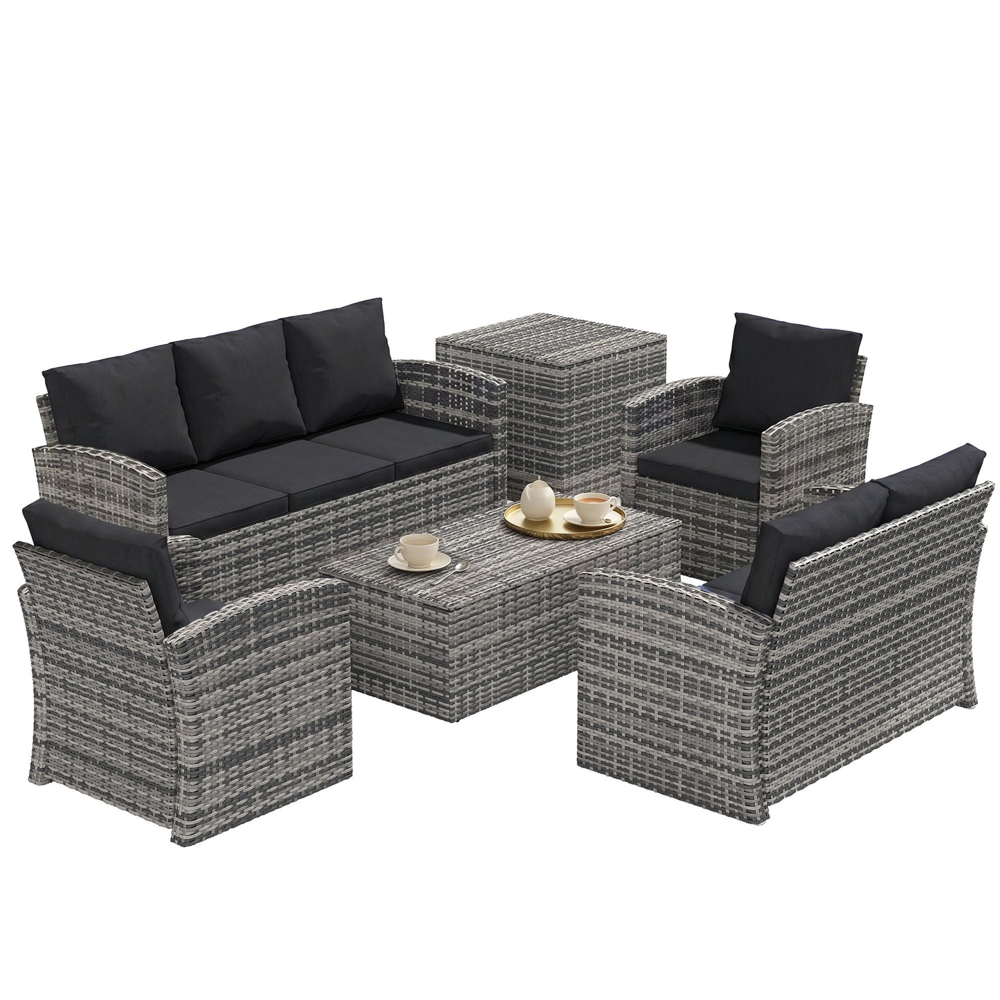 6 Pieces Wicker Patio Furniture Set with Cushions, 7-Seater Rattan Patio Sofa Set with Storage Table, Black