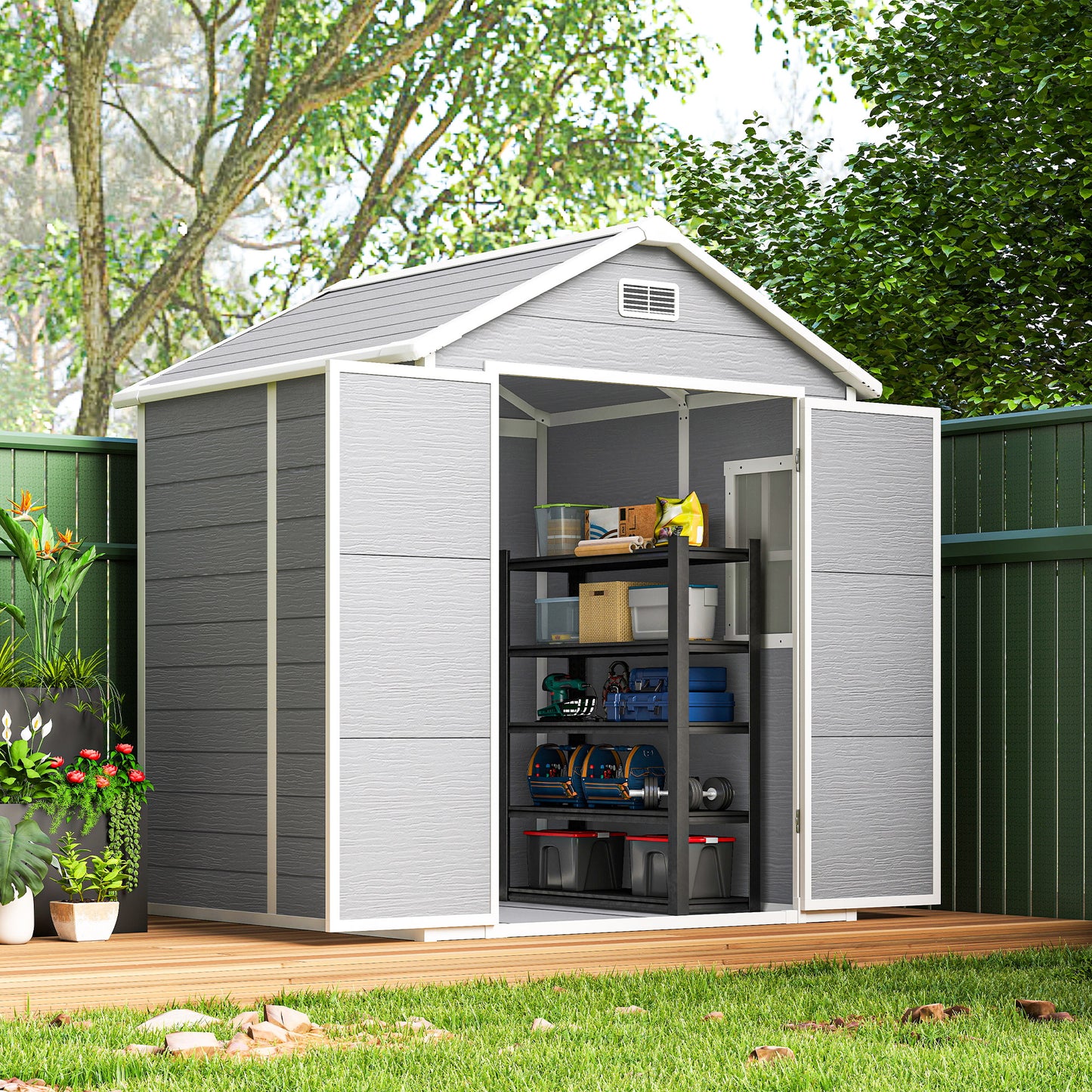 6x5 Plastic Garden Storage Shed with Floor Window Lockable Doors and Vents Outdoor Wood Effect Grey