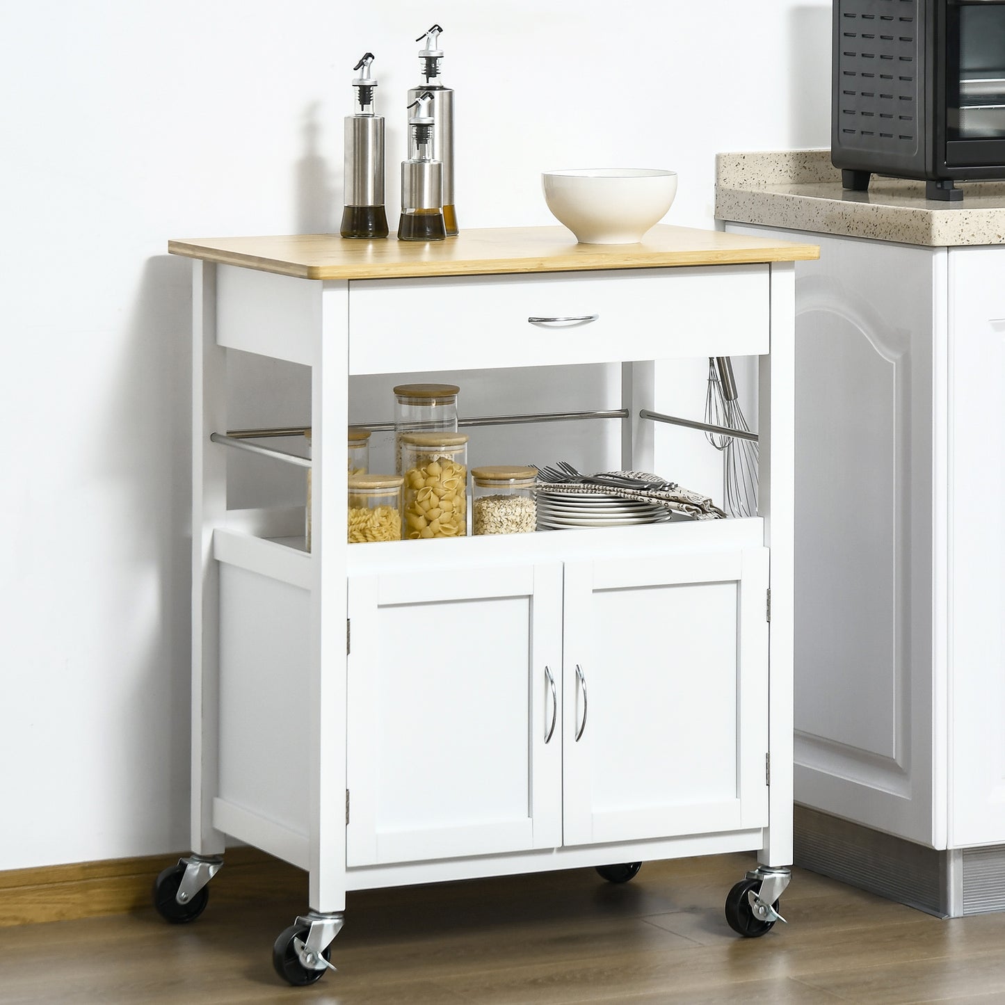 Kitchen Cart, Utility Trolley, Small Kitchen Island with Storage Drawer & Side Hooks for Dining Room, White
