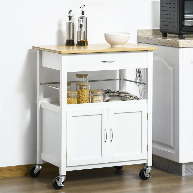 Kitchen Cart with Storage Drawer and Side Hooks - White