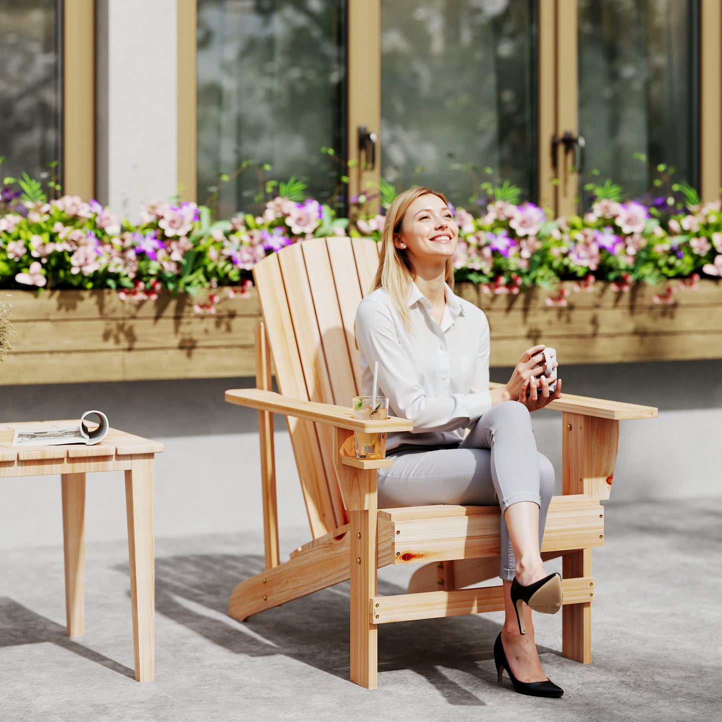 Classic Adirondack Chair, Muskoka Chairs, Garden Deck Chair with Cup Holder for Patio, Indoor, Backyard, Dark Grey