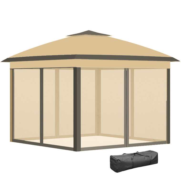 11' x 11' Beige Pop-Up Gazebo with Double Roof & Mesh Sidewalls