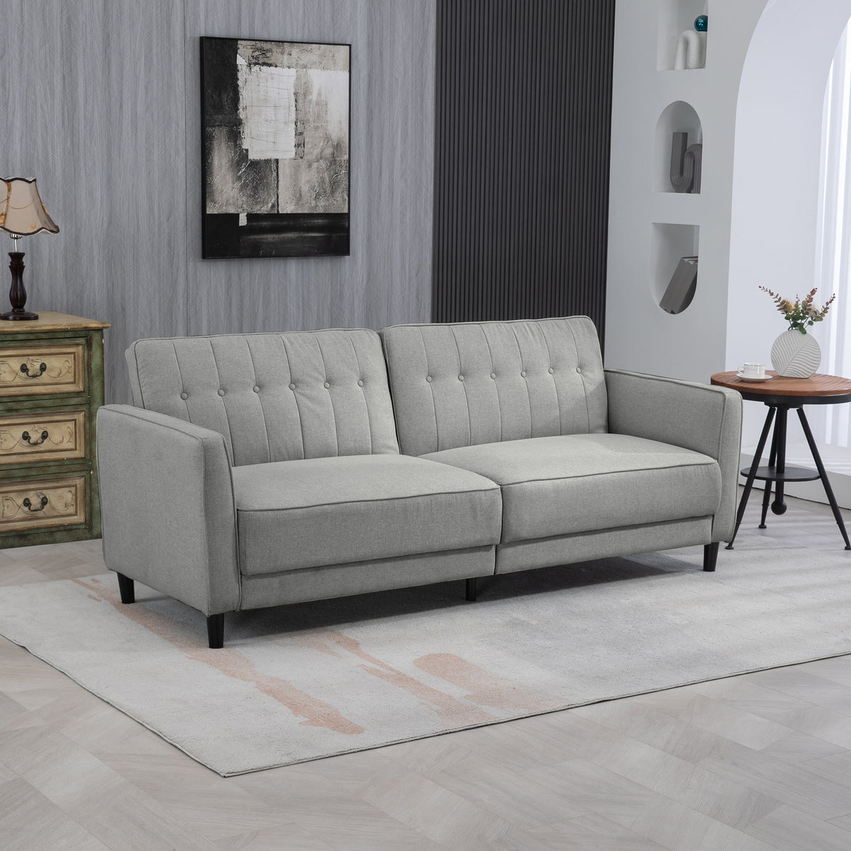 Convertible Bed with Couch, Button Tufted Fabric Sofa Bed with Adjustable Back for Living Room, Grey
