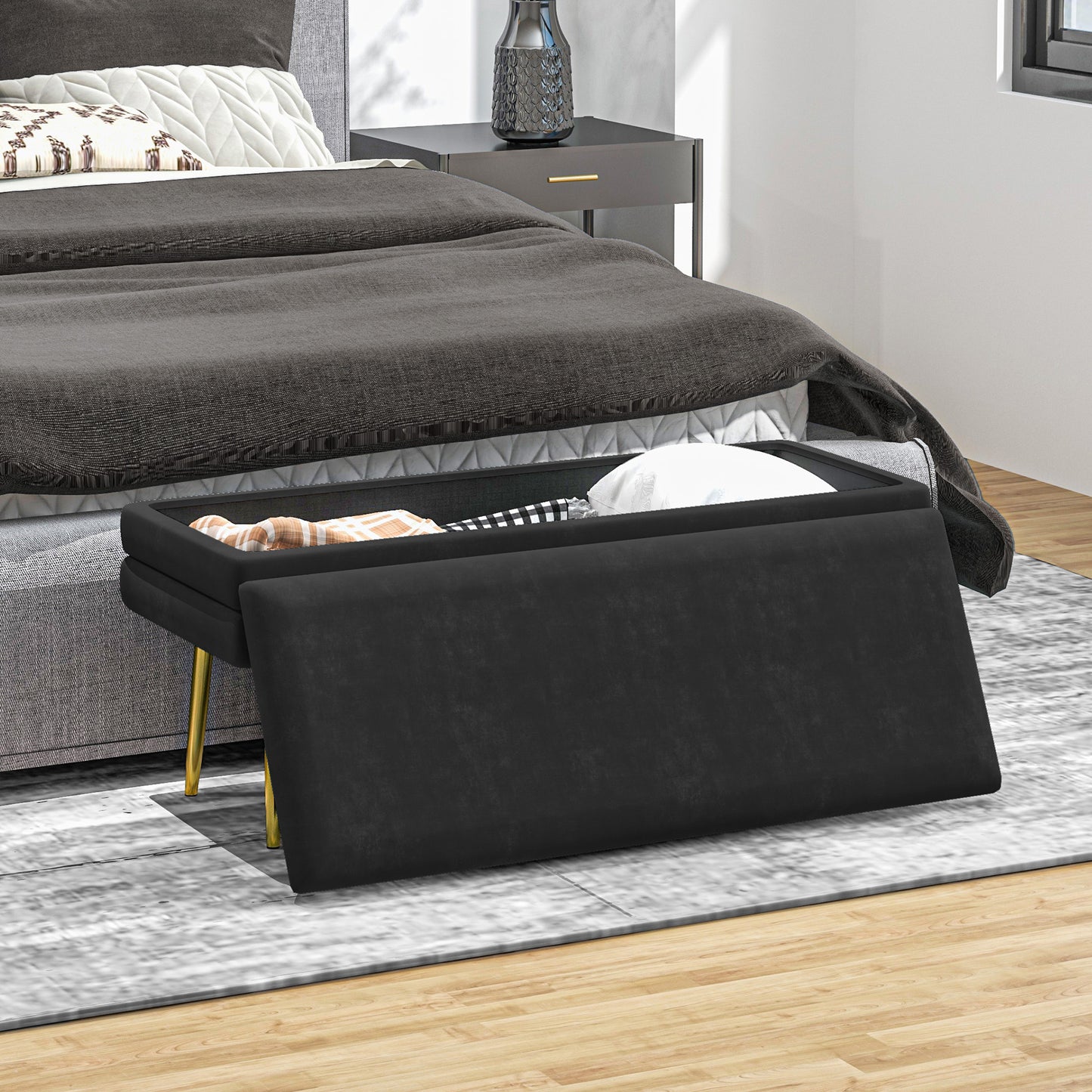 39" Storage Ottoman, Velvet End of Bed Bench with Steel Legs, Foot Stool with Storage for Bedroom, Living Room, Black