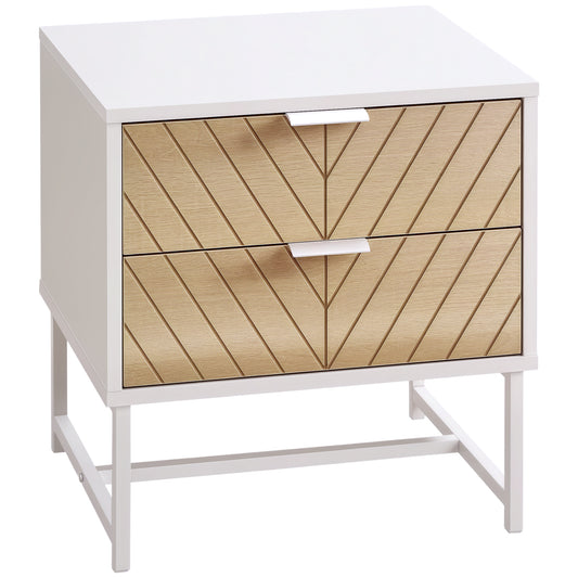 Nightstand with 2 Drawers and Steel Frame - White and Oak