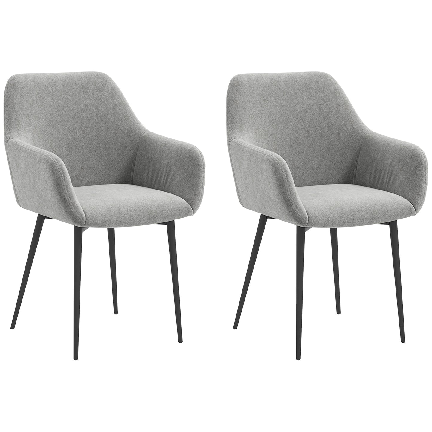 Dining Chairs Set of 2, Velvet-look Fabric Upholstered Kitchen Chairs with Backrest, Armrests and Steel Legs, Dark Grey
