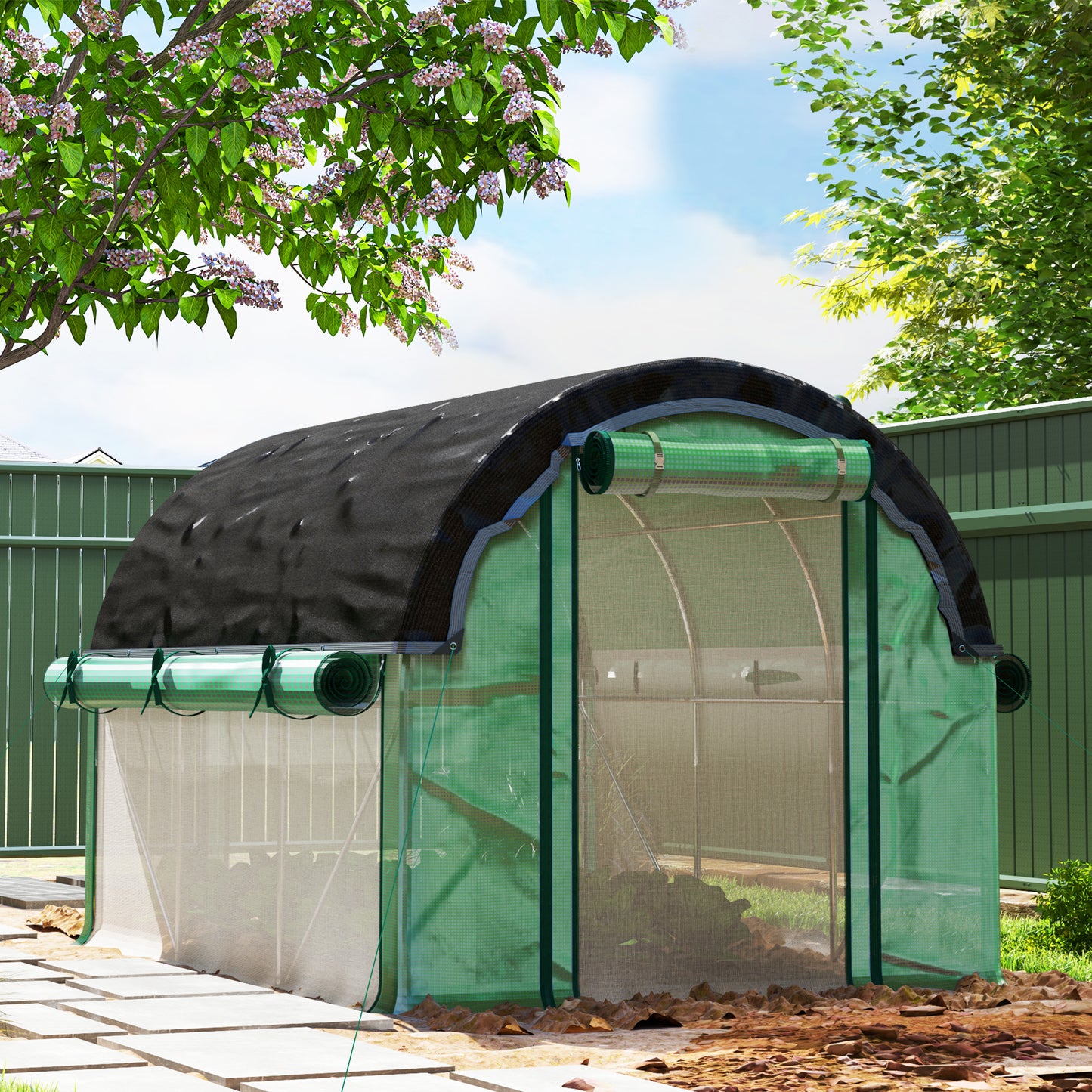 Walk-in Tunnel Greenhouse, Plant Hot House with Sunshade Net, Roll-up Mesh Sidewalls, 2 Doors