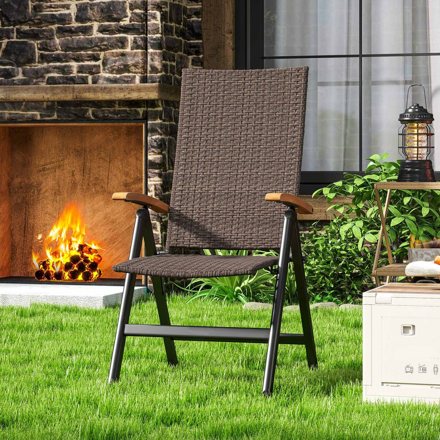 Folding Wicker Patio Dining Chair with 5-level Reclining Back, Wooden Armrests for Outdoor, Garden, Backyard, Brown