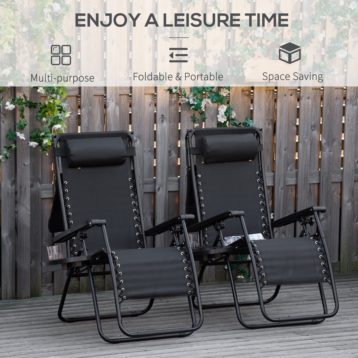 2 Piece Foldable Lounge Chair with Canopy Shade, Outdoor Zero Gravity Chair w/ Side Tray & Cup Holder, Reclining Lounger w/ Breathable Mesh Fabric Seat, Pillow, Black
