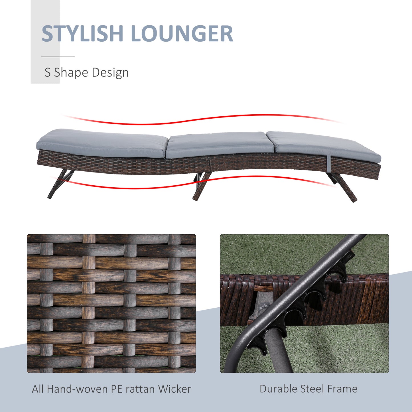 Wicker Patio Lounger, Outdoor Recliners Lounge Chair w/ 5-Level Adjustable Backrest, Cushion for Outdoor, Khaki