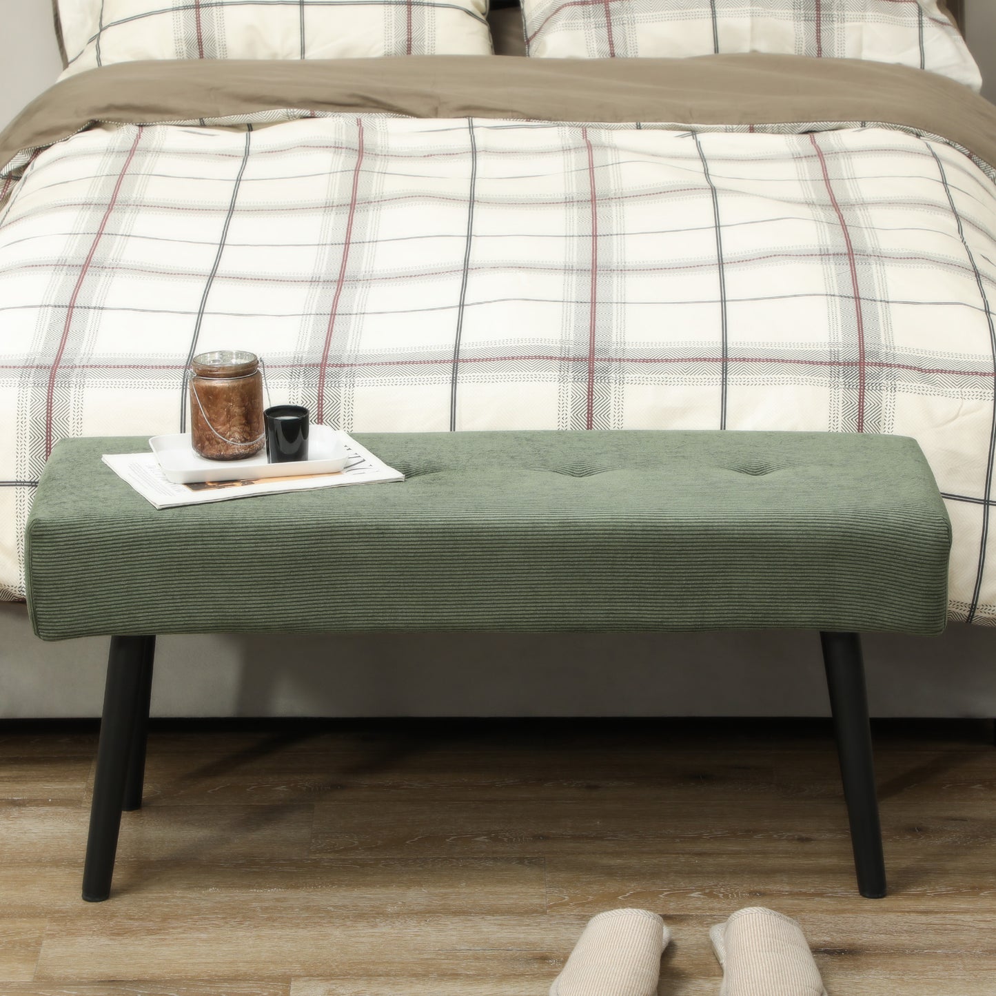 39" Upholstered Ottoman Bench, Corduroy Entryway Bedroom Bench with Padded Seat and Steel Legs for Bedroom, Green