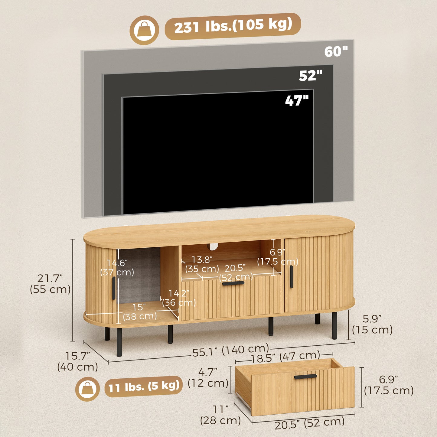 TV Stand for TVs up to 60", Modern Entertainment Center with Curved Sliding Doors and Storage, Natural Wood