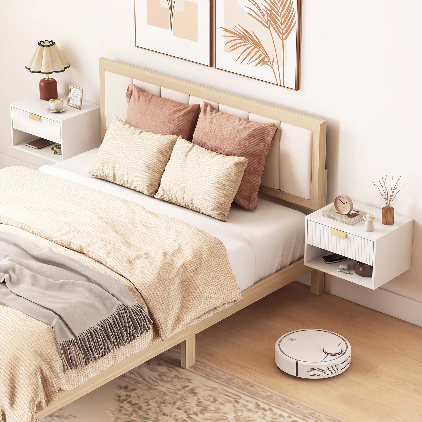 Set of 2 Wall Mounted Bedside Tables, Floating Nightstands with Fluted Drawer and Open Shelf for Bedroom, White