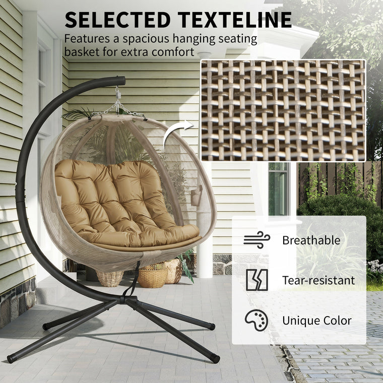 Double Egg Chair with Stand, Cushion and Pockets - Khaki