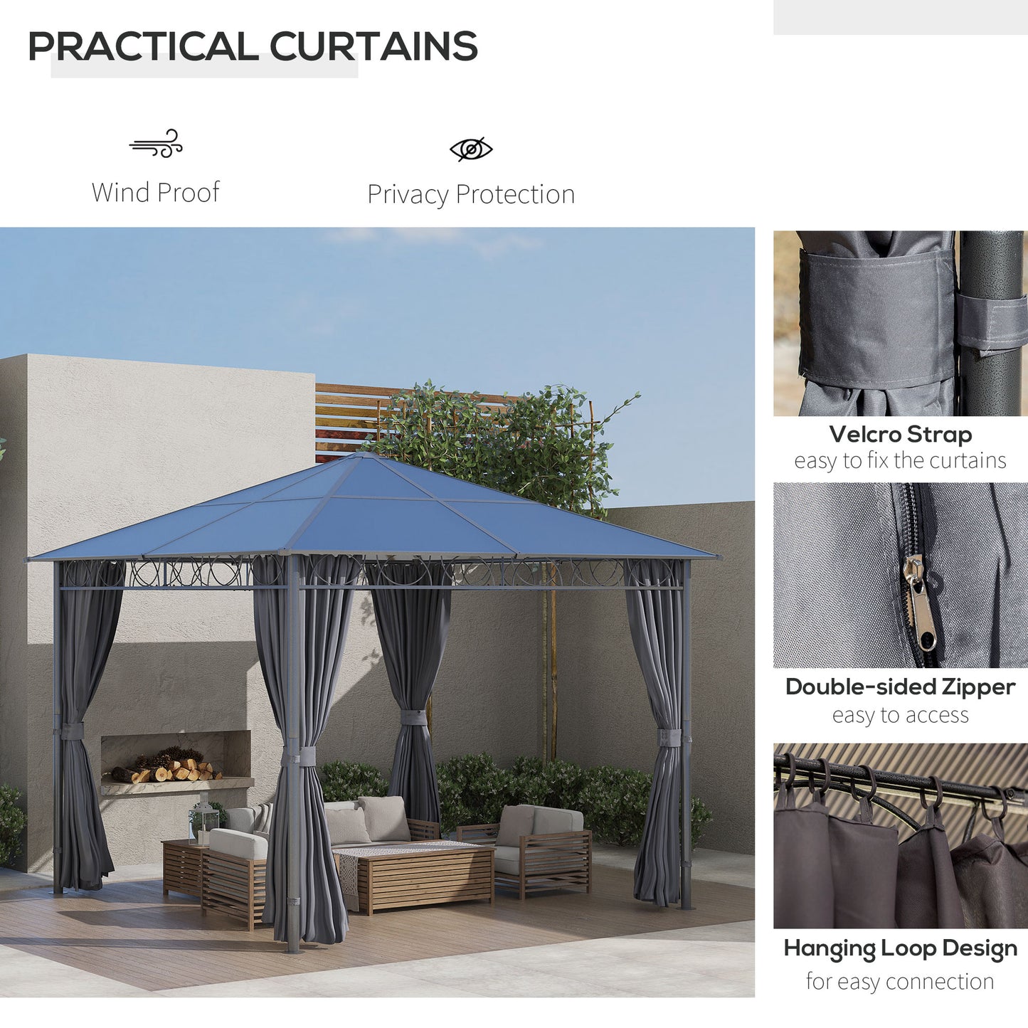 Polycarbonate Hardtop Gazebo Canopy, Outdoor Patio Gazebo with Aluminum Frame & Curtains, Dark Grey