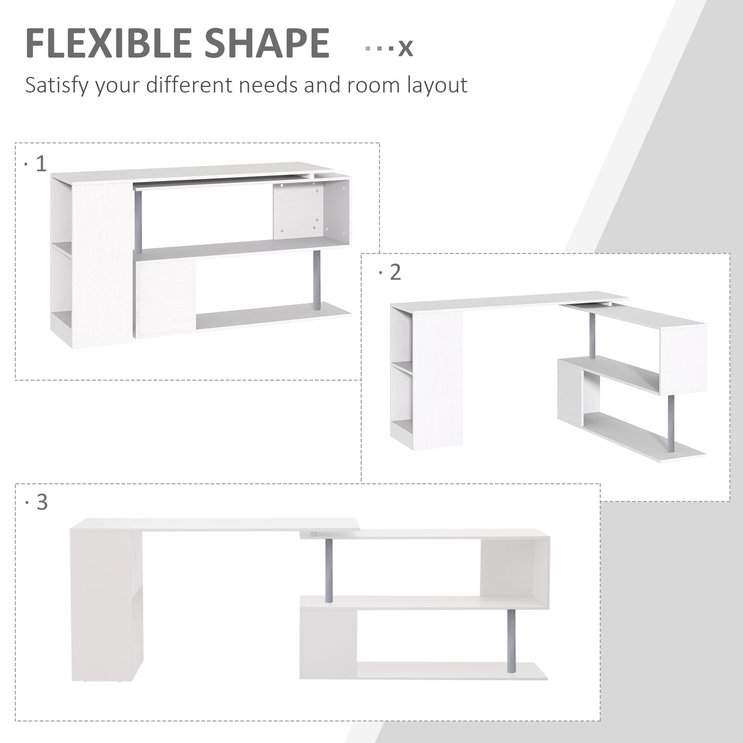 55" Corner Computer Desk, 360° Rotating L-Shaped Desk, Home Office Workstation with 3-Tier Shelves, White