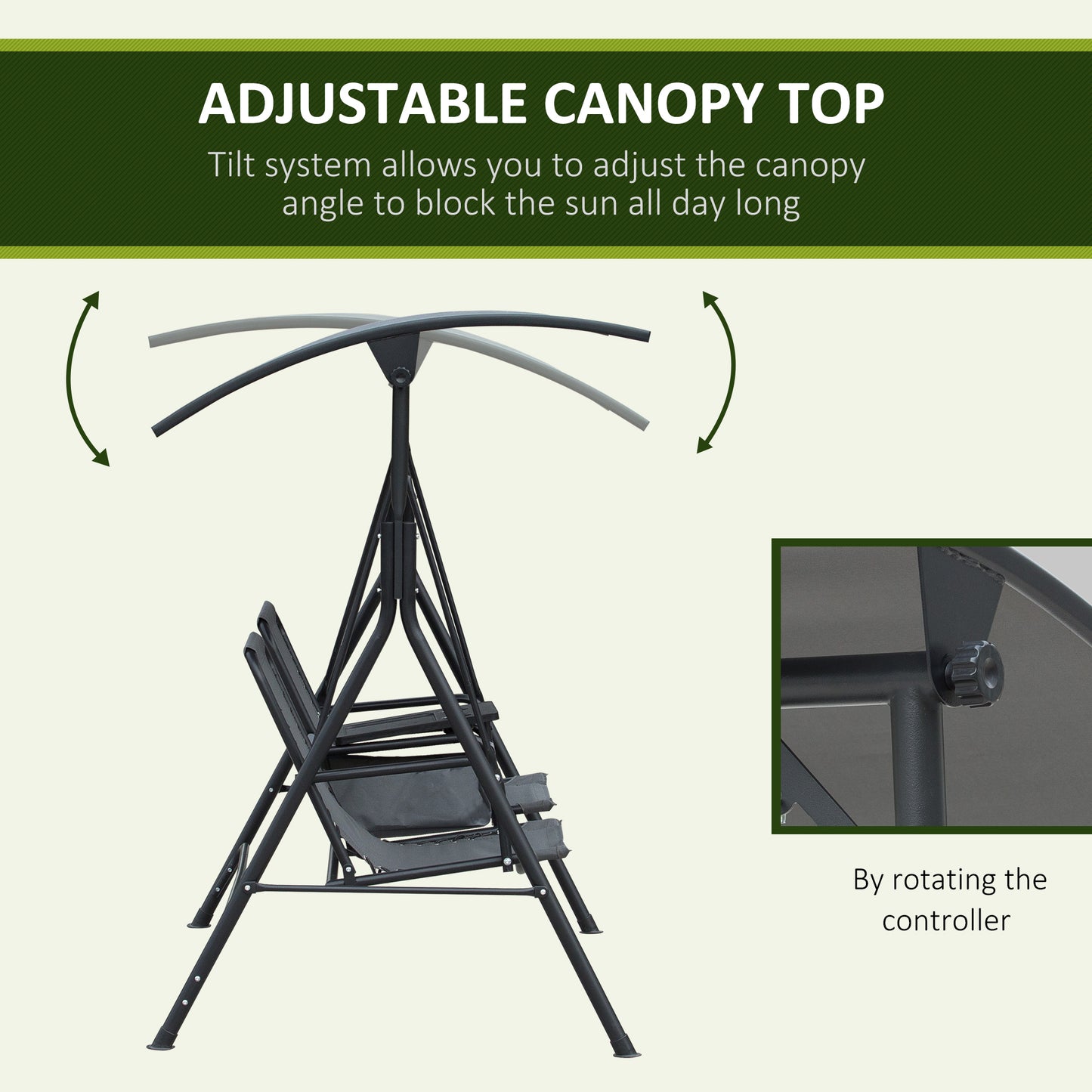 2 Person Covered Porch Swing Patio Swing with Pivot Storage Table, Cup Holder, & Adjustable Overhead Canopy, Black