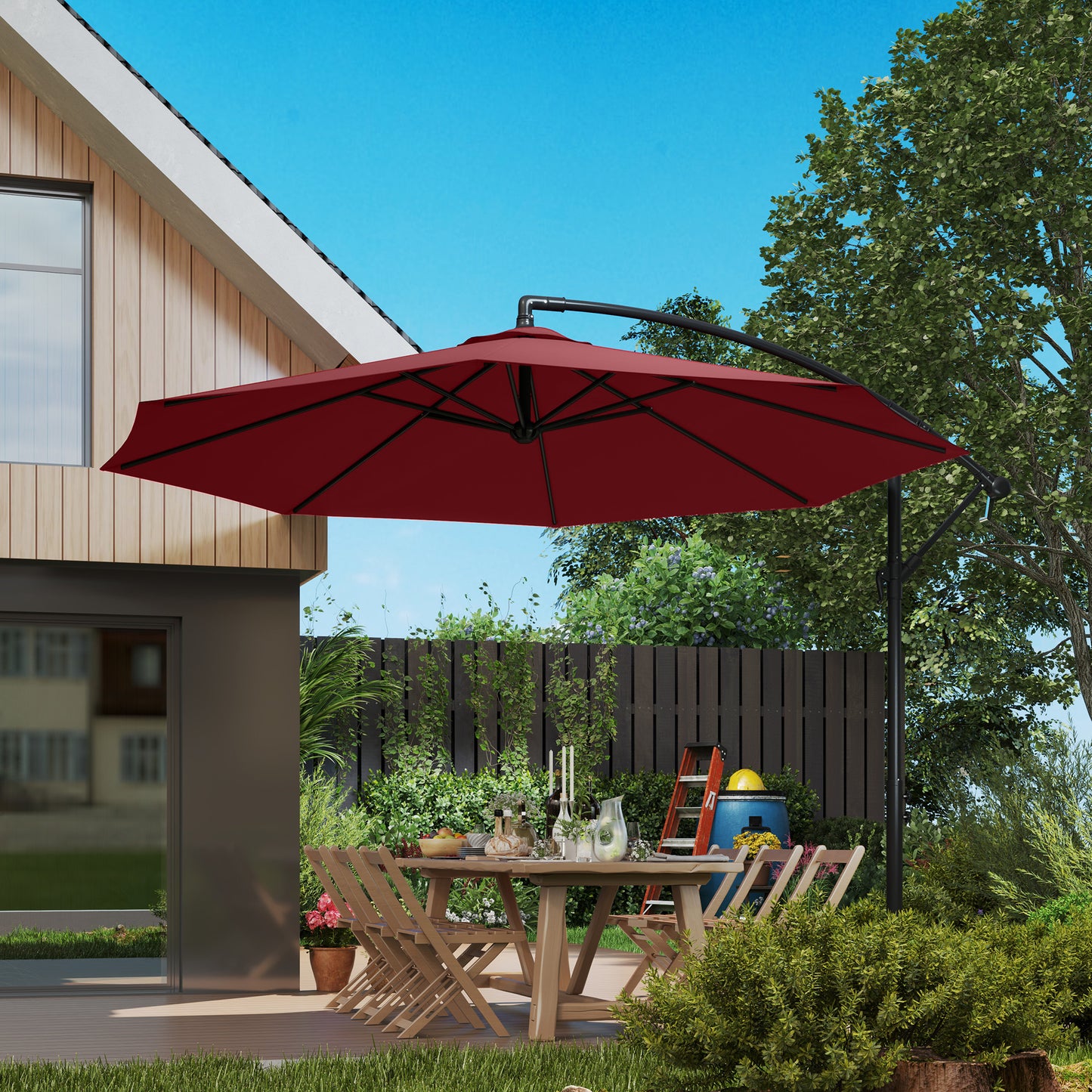 9.7ft Offset Patio Umbrella Garden Hanging Parasol Banana Cantilever Umbrella with Base, Crank, Wine Red