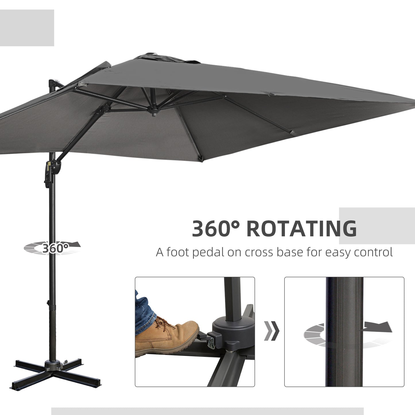 9ft Dark Grey Square Cantilever Umbrella with Cross Base & Tilt