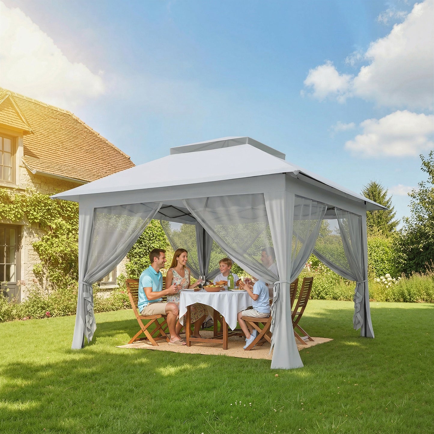 12' x 12' Foldable Pop-up Party Tent Instant Canopy Sun Shade Gazebo Shelter Steel Frame Oxford w/ Roller Bag, Light Grey