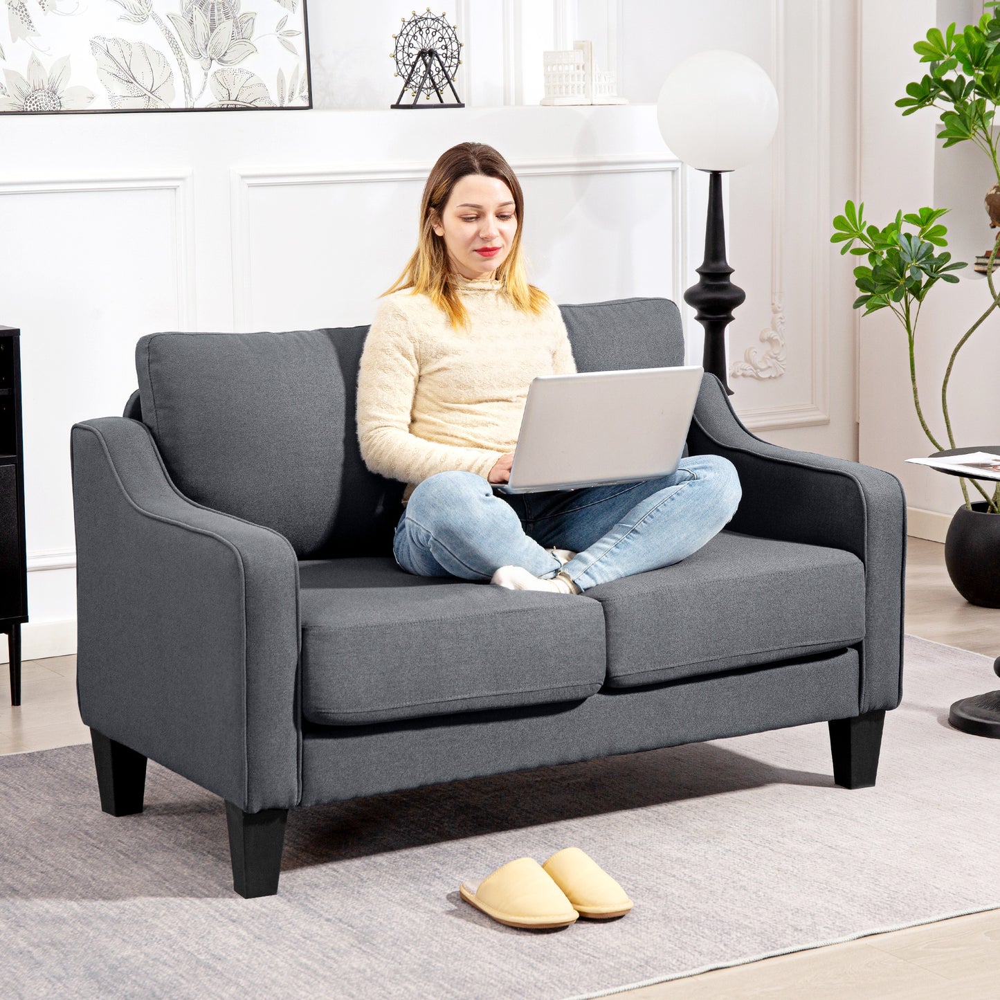 Loveseat Sofa, Modern Couch with Pocket Spring, Linen Upholstered, Thick Padded, Charcoal Grey