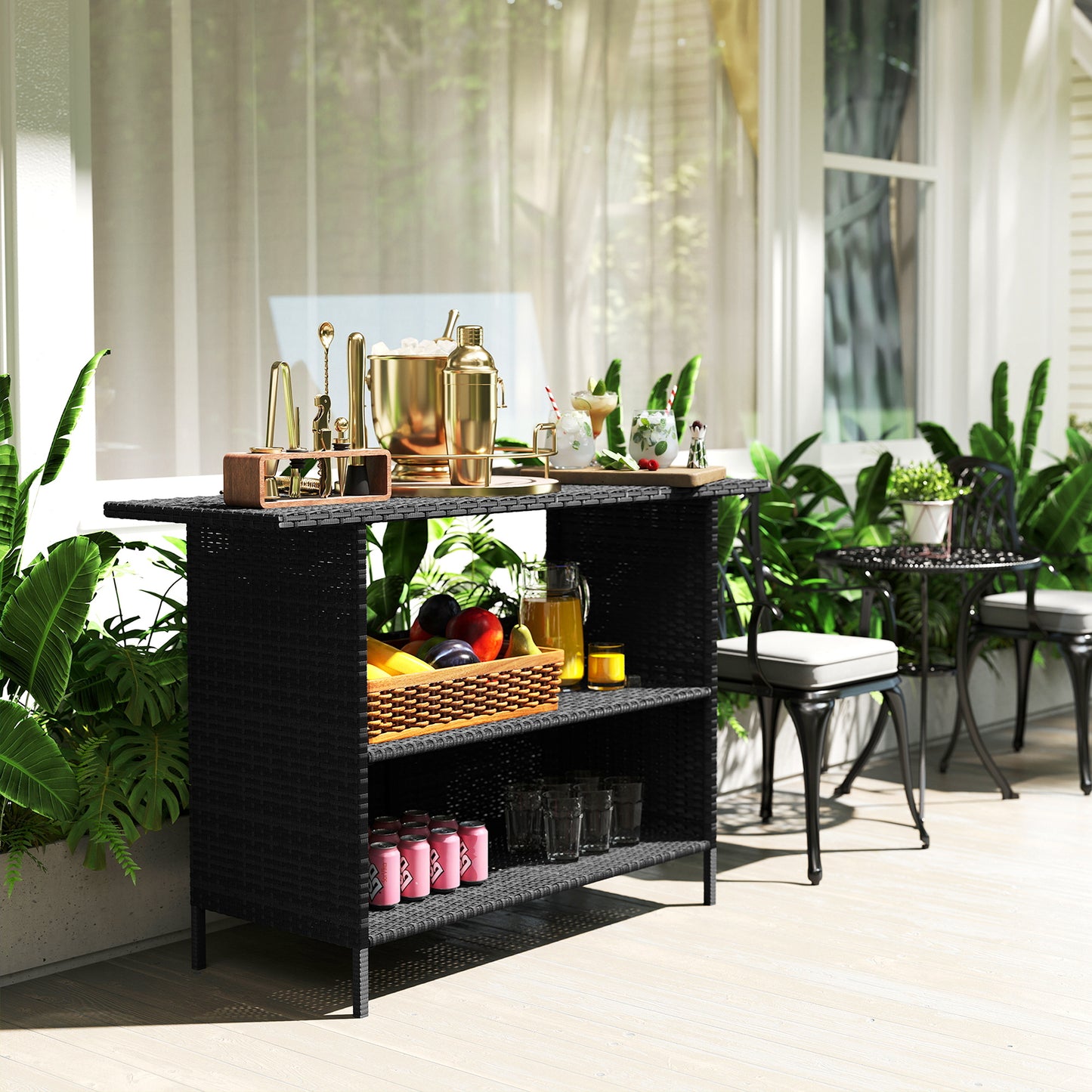 Wicker Outdoor Bar Table, PE Rattan Bar Height Patio Table with 2 Shelves, Steel Frame for Garden, Backyard, Black