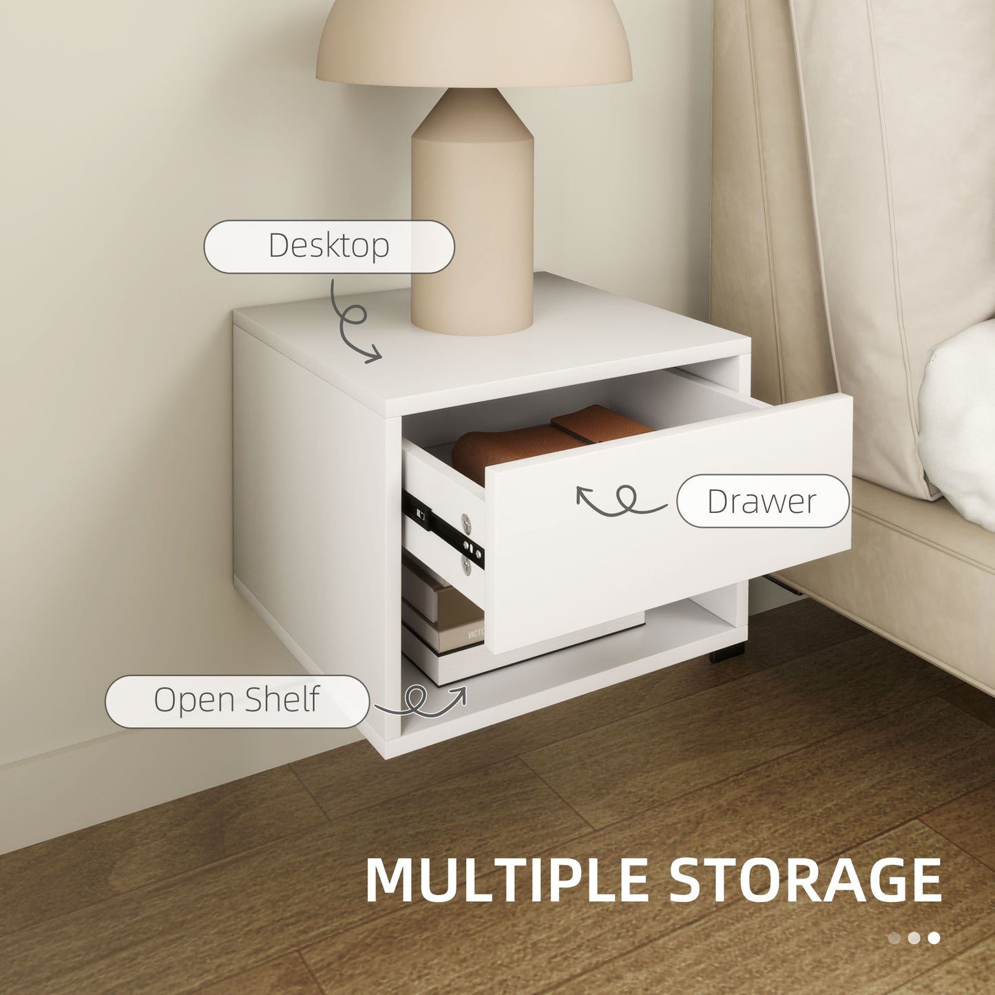 Floating Nightstand Set of 2, Wall Mounted Bedside Table with Drawer for Bedroom, White