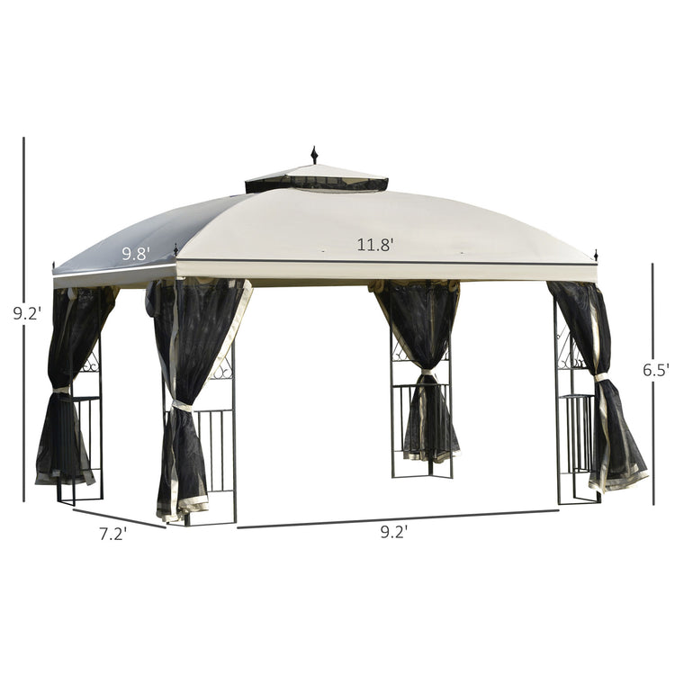 12' x 10' Beige Gazebo with Double Tier Roof & Mesh Sidewalls