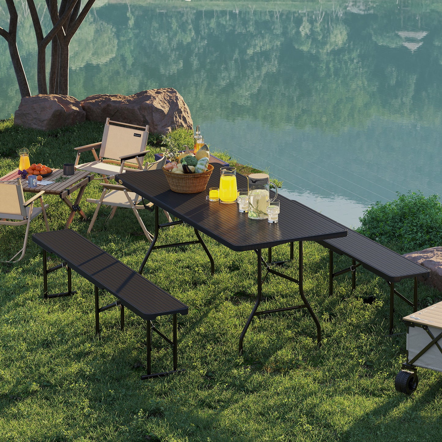 6FT 3PCS Faux Rattan Outdoor Camping Table Bench Set with Carrying Handles, Folding Picnic Table with 2 Benches, Black