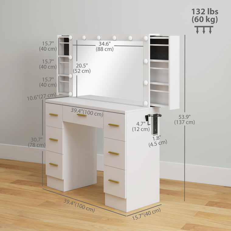 7-Drawer Makeup Vanity Desk with Lighted Mirror - White