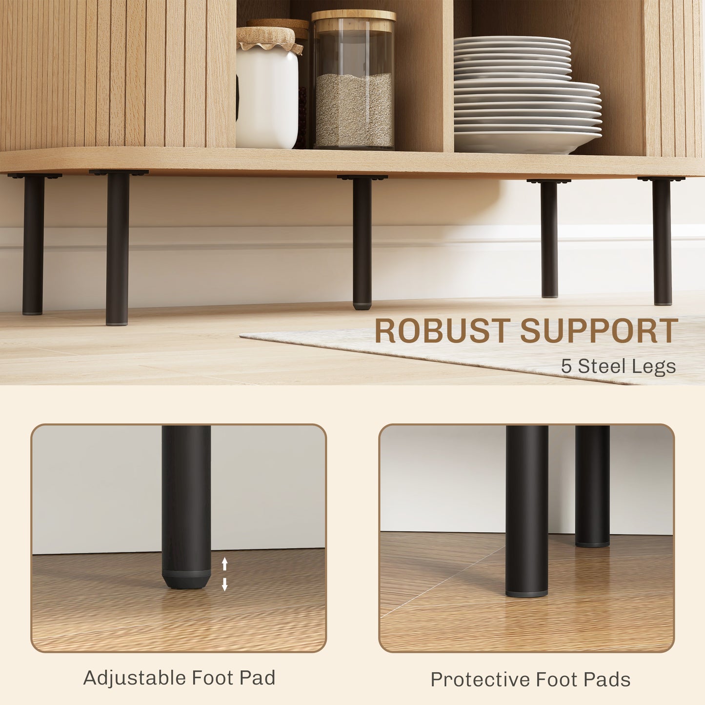35.4" Sideboard Buffet Cabinet with Storage, Nordic Coffee Bar Cabinet with Slatted Tambour Doors and Metal Legs, Oak