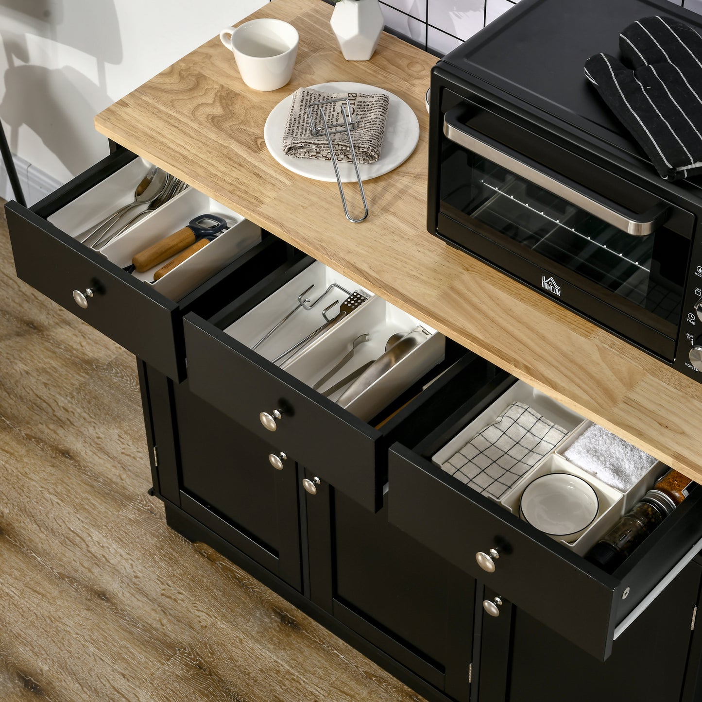 Modern Sideboard, Buffet Cabinet with Storage Cabinets, Drawers and Adjustable Shelves for Living Room, Black
