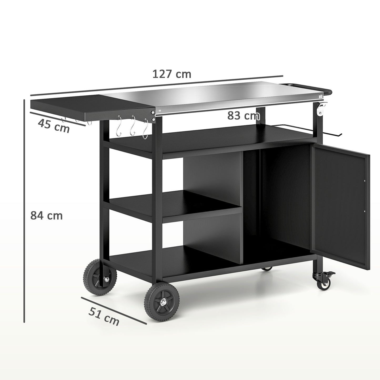 Outdoor BBQ Stand with Foldable Side Table, Stainless Steel Top, Pizza Oven Table with Wheels Hooks Shelves
