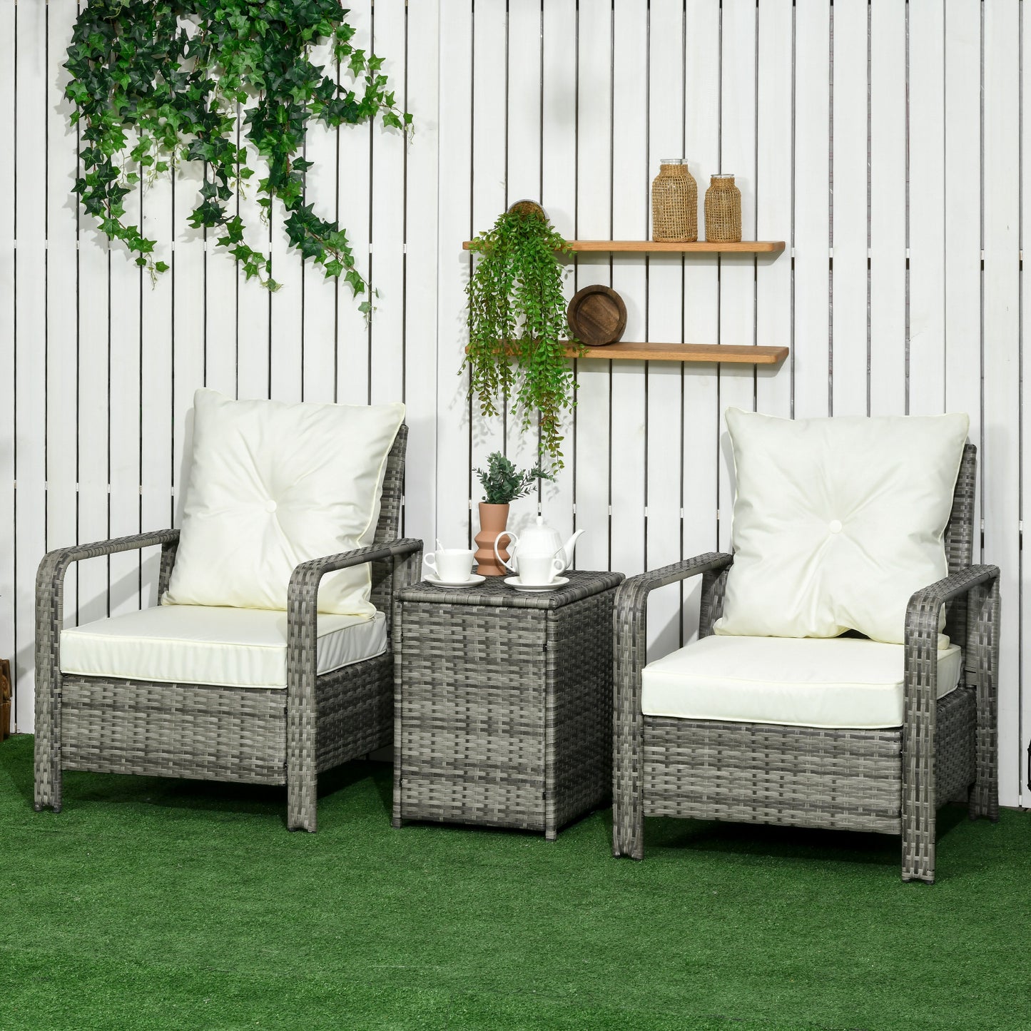 3 Pieces Wicker Patio Furniture Set, Rattan Bistro Set with Storage Coffee Table and Thickened Cushions, Outdoor Conversation Set for Garden, Porch, Balcony, Beige