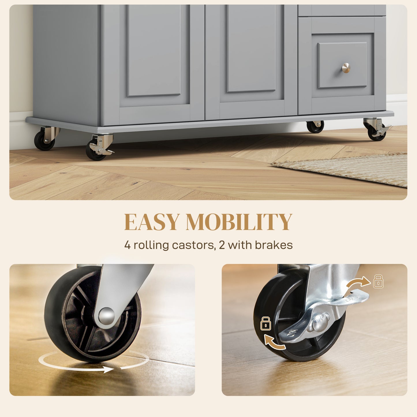 Kitchen Island on Wheels, Kitchen Cart with Drop Leaf, Drawers, Grey