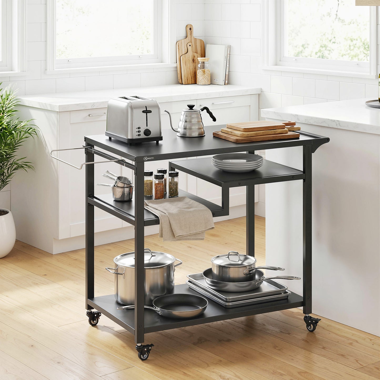 Outdoor Grill Cart, BBQ Stand, Three-Shelf Pizza Oven Stand with Hooks, Garbage Bag Holder, Wheels, Black