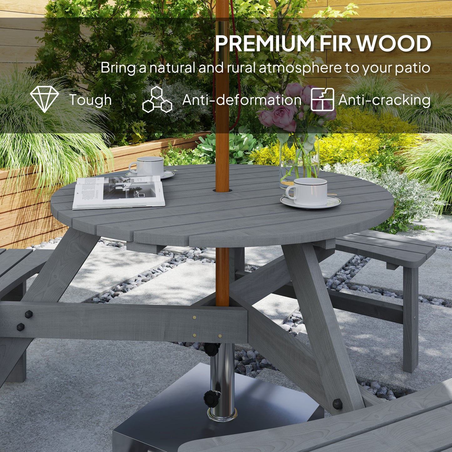 6 Person Round Picnic Table Bench Set with Umbrella Hole, Wood Patio Table with 3 Built-in Benches for Garden, Deck, Backyard, Grey