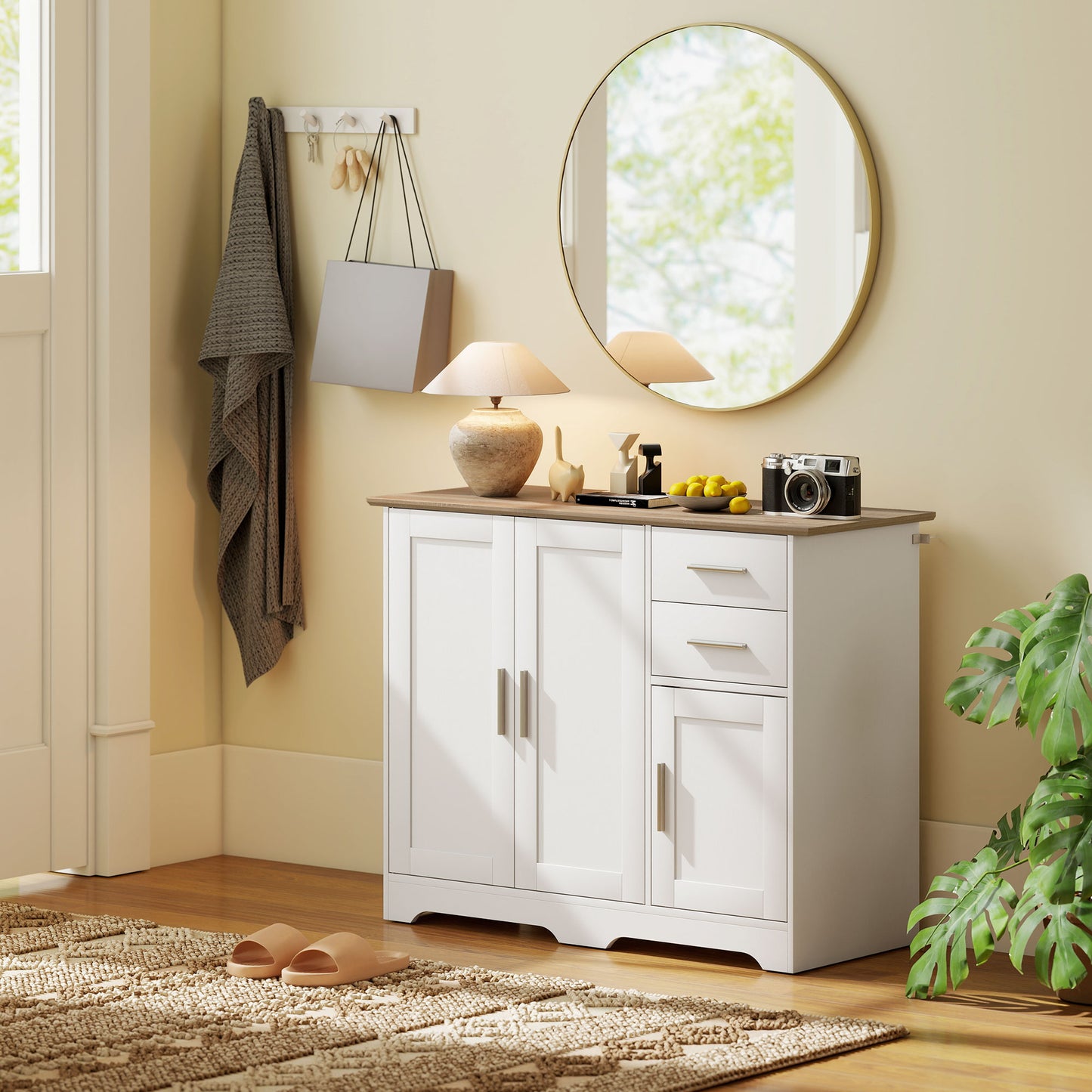 40" Sideboard Buffet Cabinet, Modern Kitchen Storage Cabinet with 2 Drawers, 3 Doors & Adjustable Shelf, White