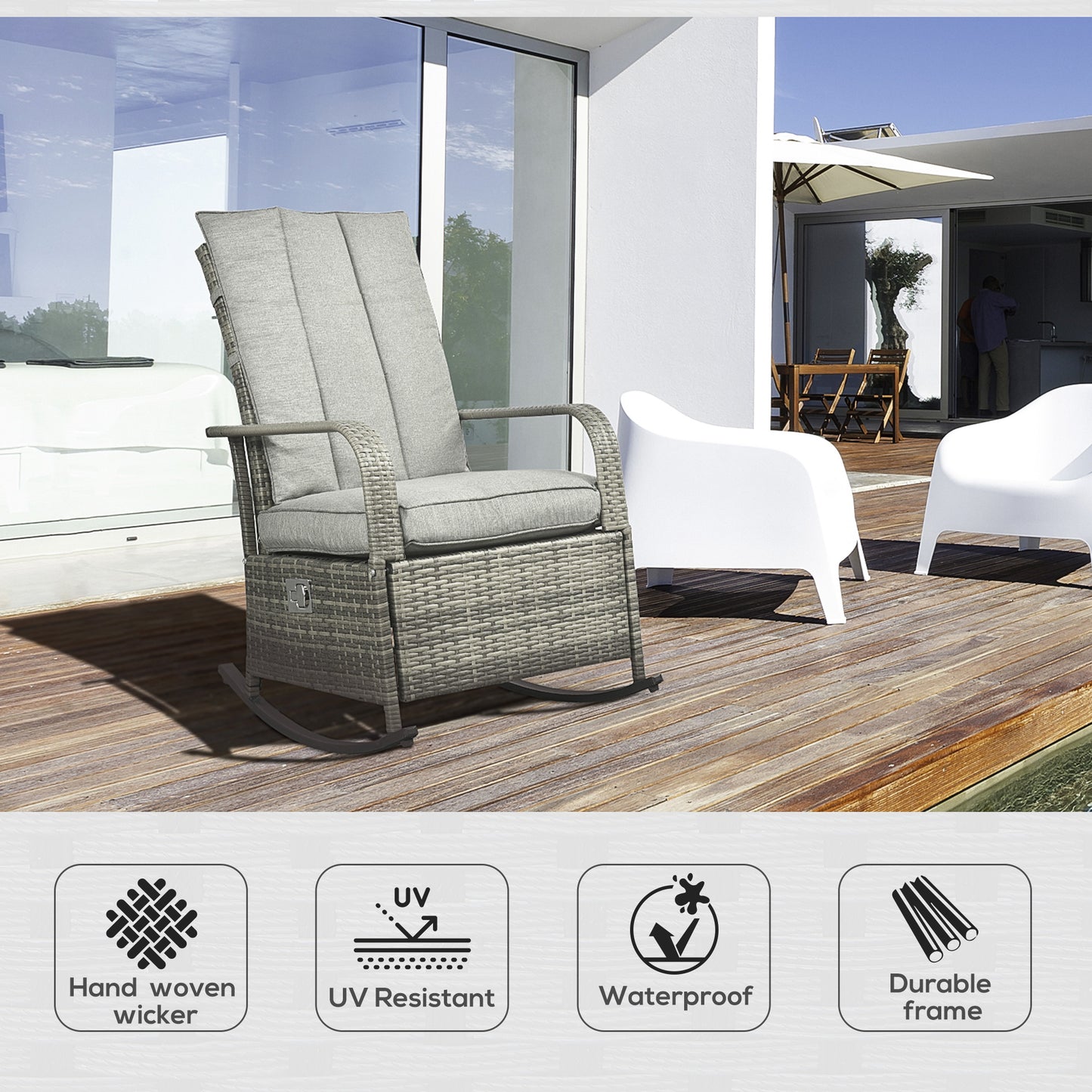 Outdoor Wicker Rocking Chair with Cushion, Patio PE Rattan Recliner Chair with Adjustable Footrest, Armrests, Red