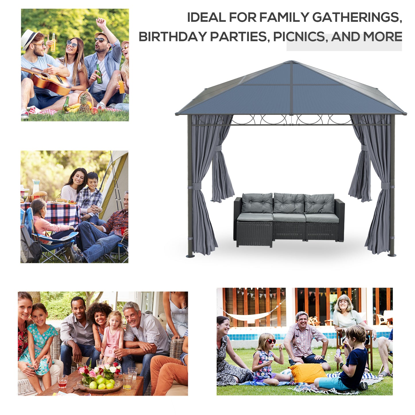 Polycarbonate Hardtop Gazebo Canopy, Outdoor Patio Gazebo with Aluminum Frame & Curtains, Dark Grey