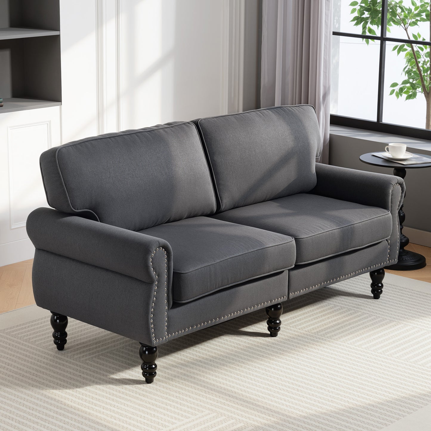 Stylish Midback Double Sofa with Sponge Padding, 2 Seater Sofa Couch, with Rubber Wood Leg, Dark Grey