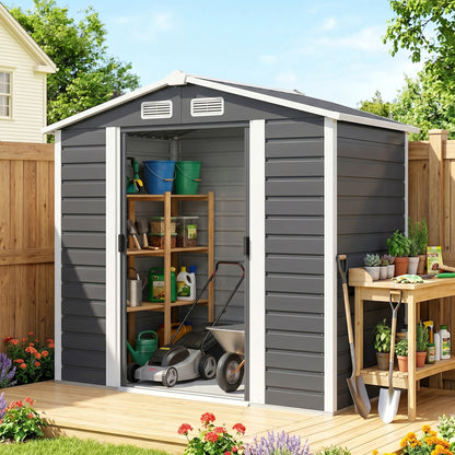 7' x 4' Metal Garden Shed with Lockable Doors and Gloves
