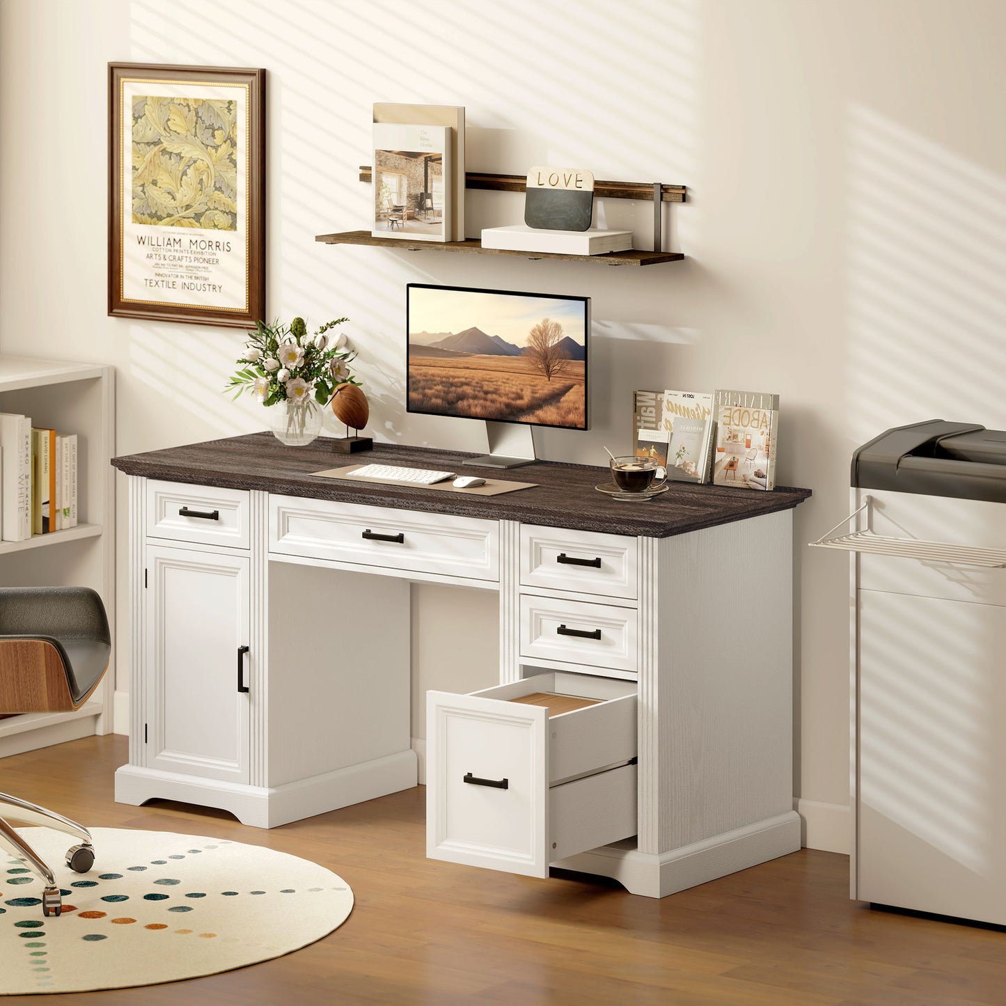 58" Home Office Desk with Soft-Close Drawers, Farmhouse Executive Desk with File Drawer for Letter Size, White