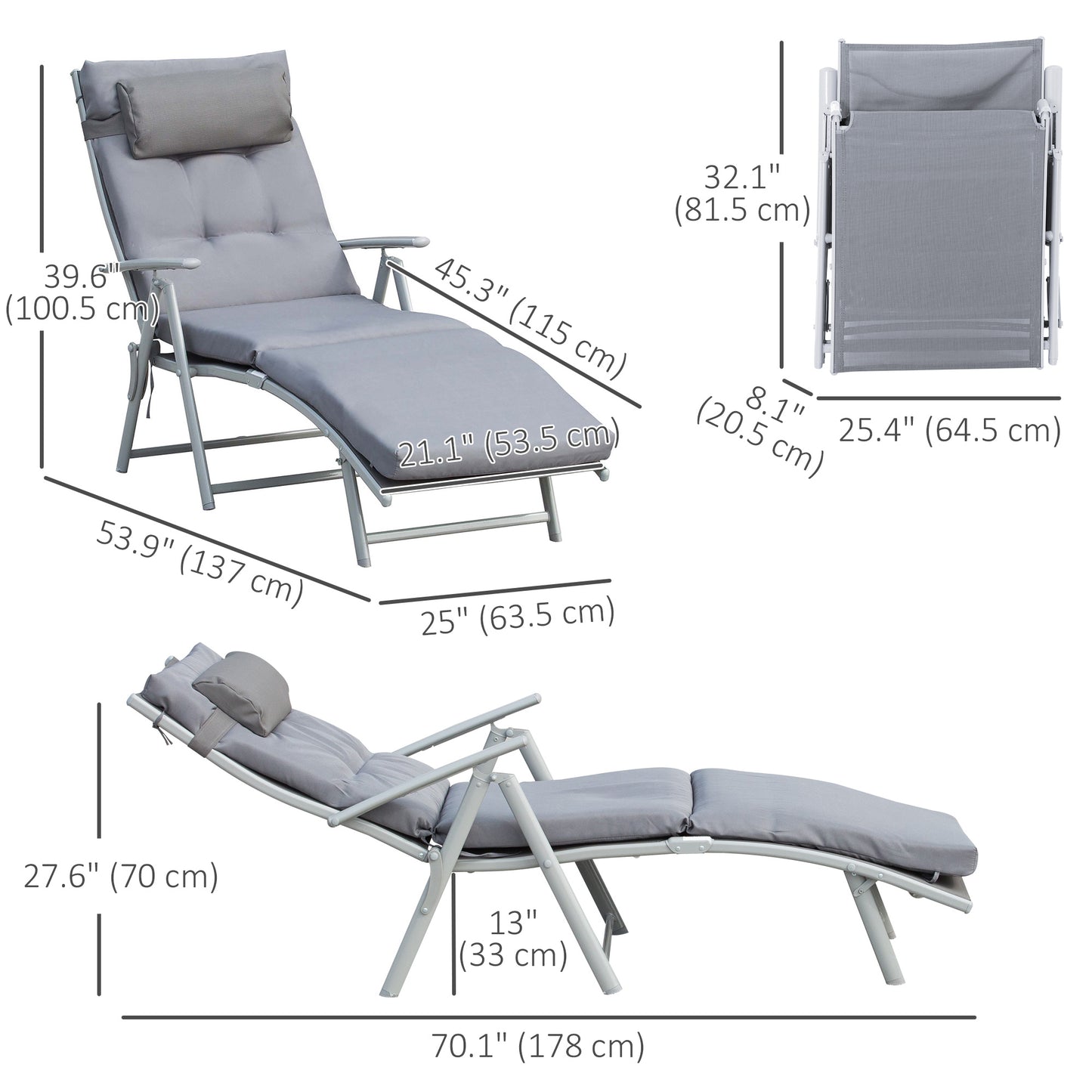 Outdoor Folding Chaise Lounge Chair Recliner with Portable Design, Adjustable Backrest, Cushion and Headrest, Black